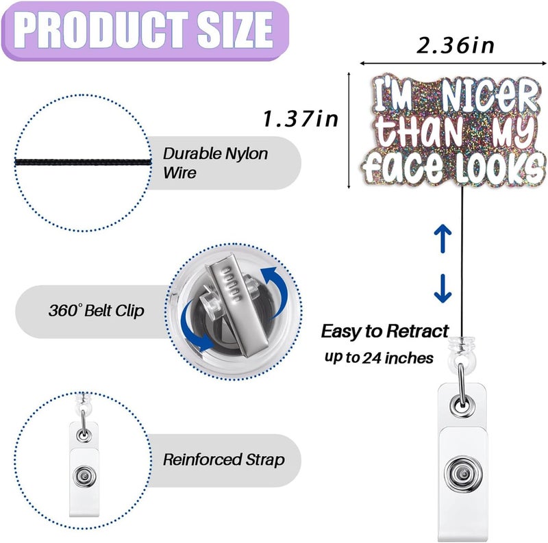 Bydevia I'm Nicer Than My Face Looks Badge Reel Retractable, Funny Badge Reel for Nurse Nursing Student RN CNA Medical Worker & Office Staff, ID Name Badge Holder with Alligator Clip & 24” Durable Nylon Cord - Image 2